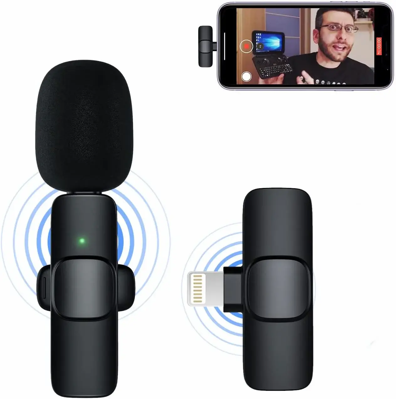 K9 Wireless Lavalier Microphone 3 in 1 with USB Type C and iOS Connector Plug and Play Noise Reduction for Vlogging and Live Recording